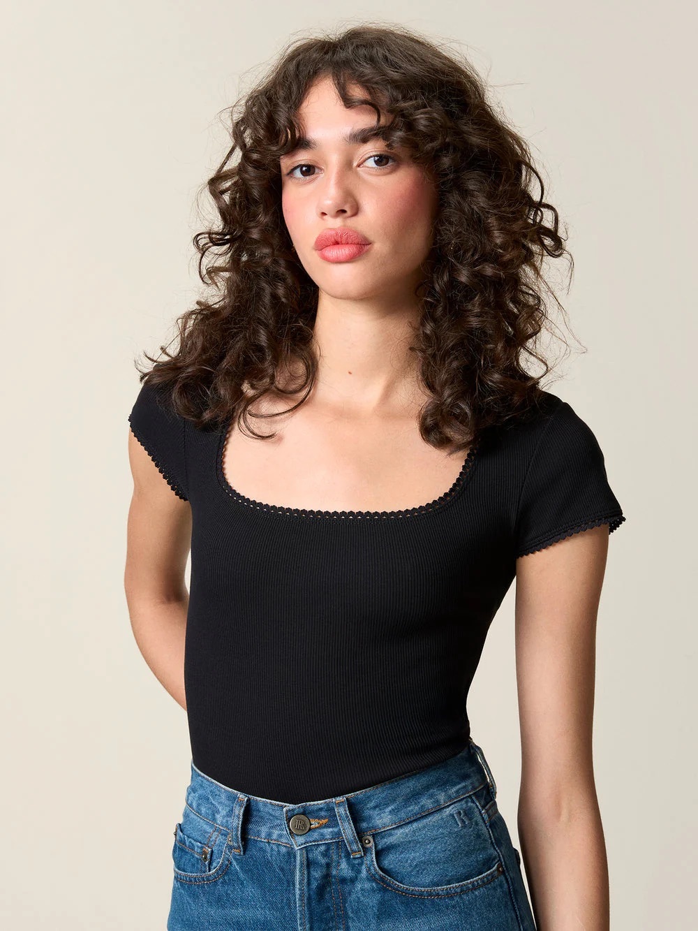 NWT Rouje Black Square-Neck  Ribbed Top white trim top made in France